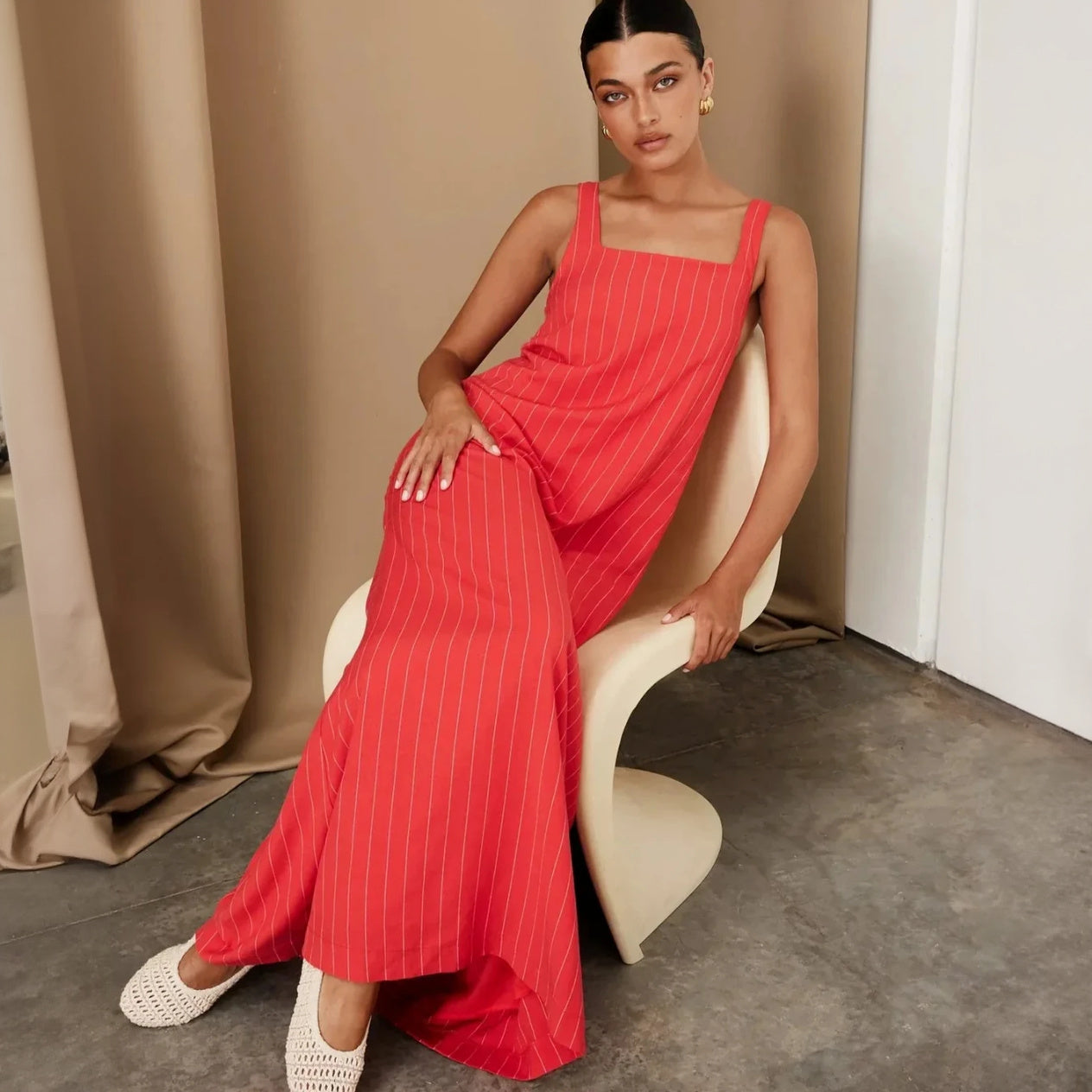 Square Neck Maxi Dress - Striped Cotton Linen