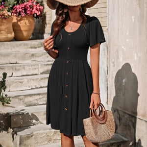Ribbed A-Line Dress - Flutter Sleeves, Knit