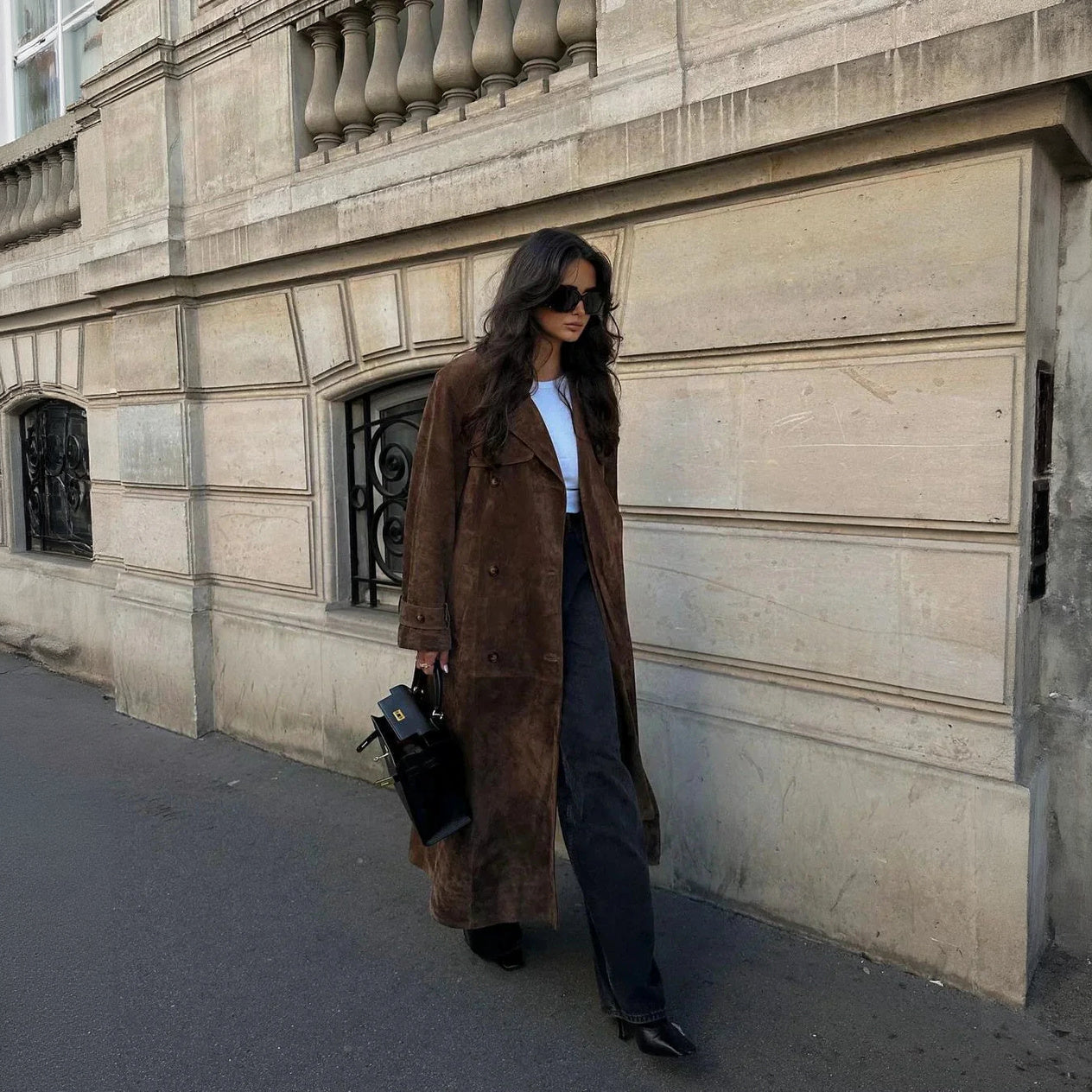 Suede Trench Coat - Double-Breasted, Oversized