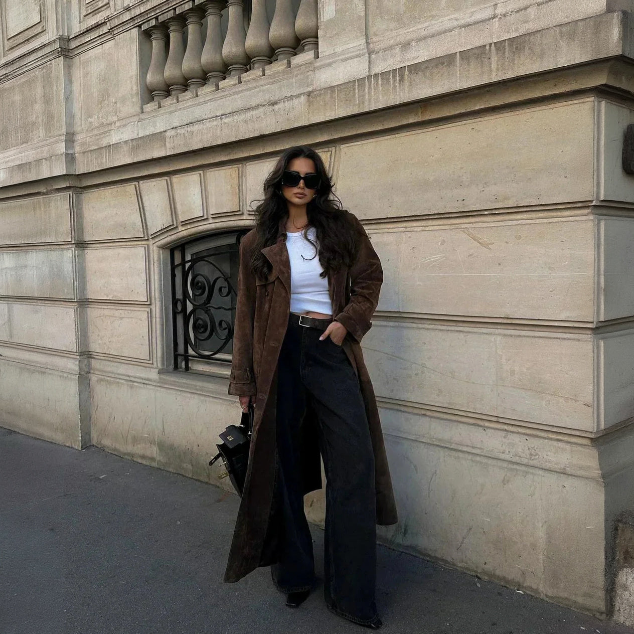 Suede Trench Coat - Double-Breasted, Oversized