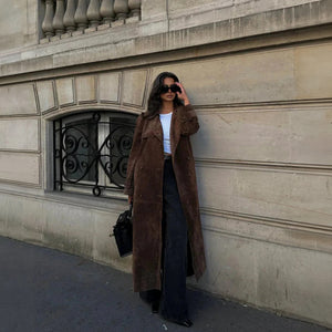 Suede Trench Coat - Double-Breasted, Oversized