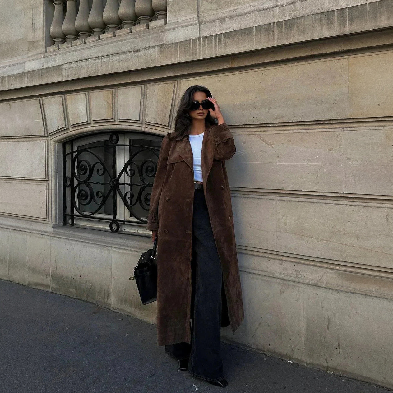 Suede Trench Coat - Double-Breasted, Oversized