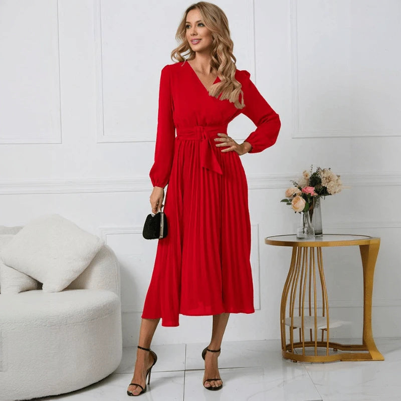 Wrap Cocktail Dress - Pleated Midi Skirt