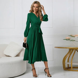 Wrap Cocktail Dress - Pleated Midi Skirt