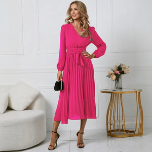 Wrap Cocktail Dress - Pleated Midi Skirt