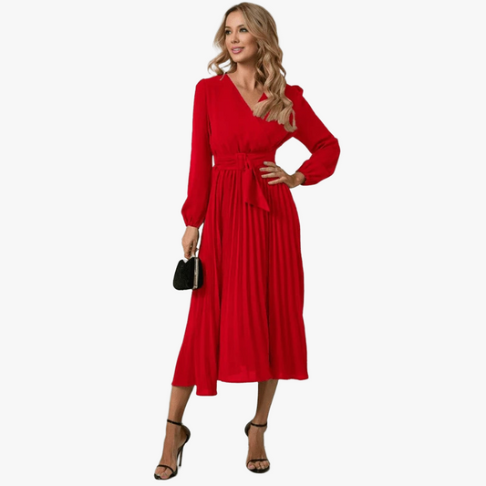 Wrap Cocktail Dress - Pleated Midi Skirt