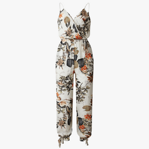 Floral Maxi Dress - Cream, Wide-Leg, Strappy