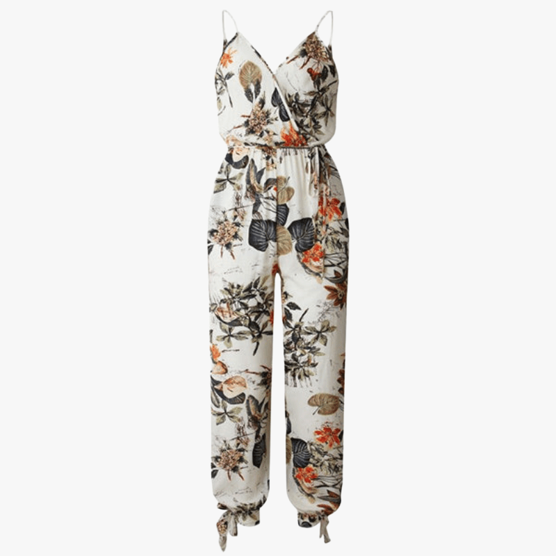 Floral Maxi Dress - Cream, Wide-Leg, Strappy