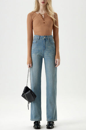 Ribbed Henley Top & High-Waisted Straight Jeans