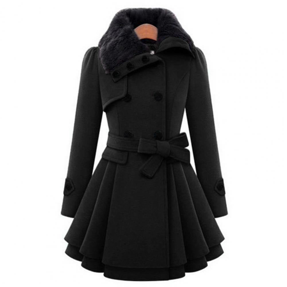Women's Double-Breasted Winter Coat – Faux Fur Collar, Flared Skirt, Waist Belt Detail-82347-6a4a9819-bc05-4bf3-a09d-739589593ca9