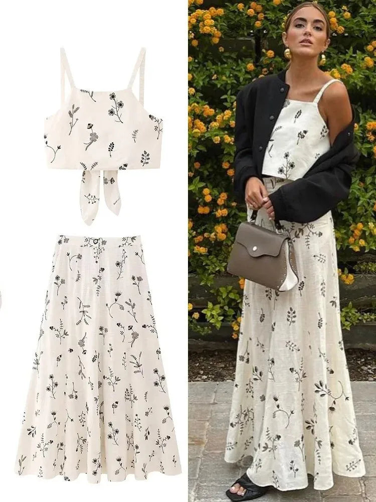 Floral Two-Piece Outfit - Tie-Front Crop Top