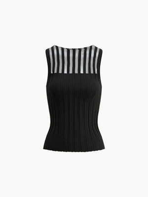 Ribbed Knit Top - Sheer Stripe Sleeveless Design