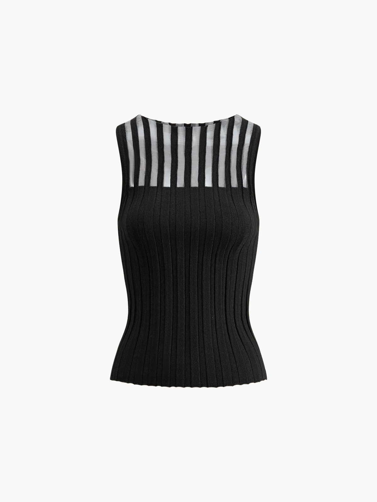 Ribbed Knit Top - Sheer Stripe Sleeveless Design