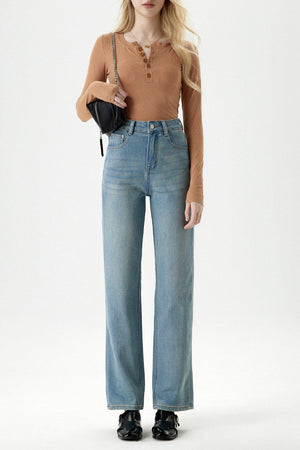 Ribbed Henley Top & High-Waisted Straight Jeans