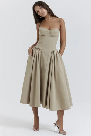 Women's Midi Dress – Pleated Skirt, Structured Bodice, Pockets-83506-721e3359-e227-4e63-80ee-254ee9d8a66b