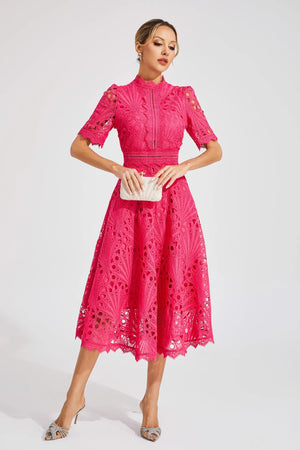 Women's Lace Midi Dress – High Neckline, Short Sleeve, Cut-Out Detail-83326-733c6060-c474-47e1-b5c2-53a949ef93ec