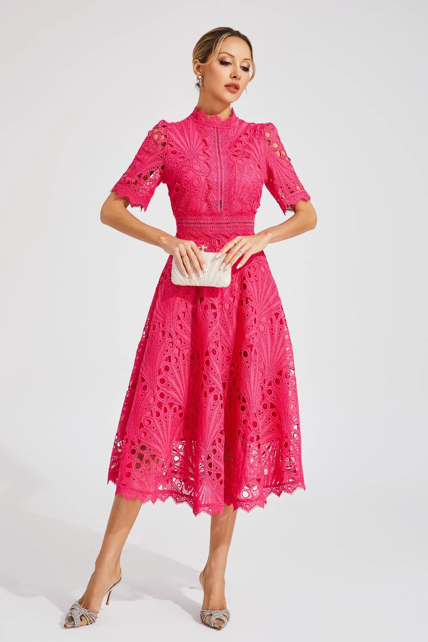 Women's Lace Midi Dress – High Neckline, Short Sleeve, Cut-Out Detail-83326-733c6060-c474-47e1-b5c2-53a949ef93ec