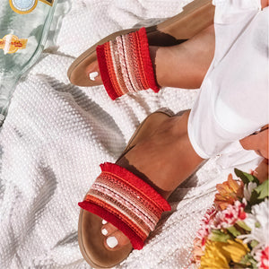 Women's Slide Sandals – Embellished Beaded Fringe Straps, Flat Sole-73650-6b375973-0c6b-4314-9cfd-063819120b20
