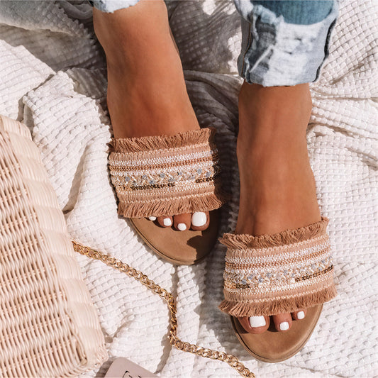 Women's Slide Sandals – Embellished Beaded Fringe Straps, Flat Sole-73650-851daaf0-b4ad-458f-9a45-2cb2f7d3e834