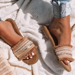 Women's Slide Sandals – Embellished Beaded Fringe Straps, Flat Sole-73650-8893a3d2-b3d2-46e3-a13f-ddfee29bb71a