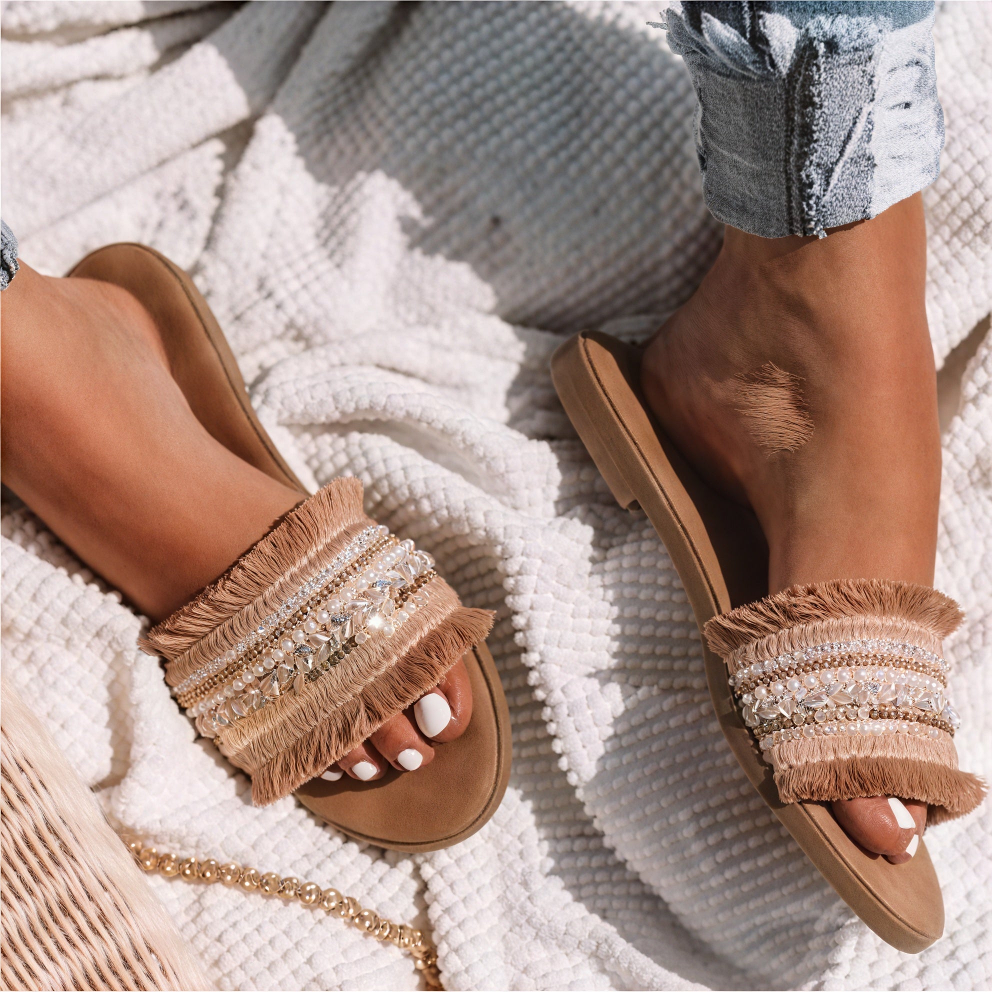 Women's Slide Sandals – Embellished Beaded Fringe Straps, Flat Sole-73650-8893a3d2-b3d2-46e3-a13f-ddfee29bb71a