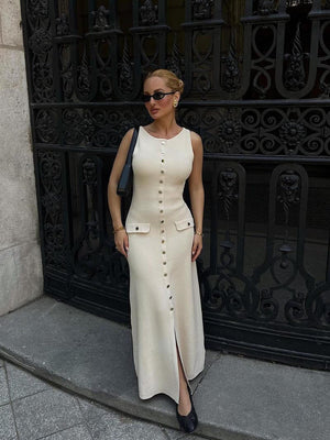 Ribbed Knit Midi Dress with Gold Buttons