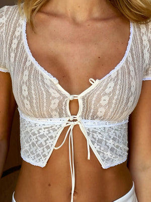 Lace Crop Top - Plunging Neckline, Short Sleeve