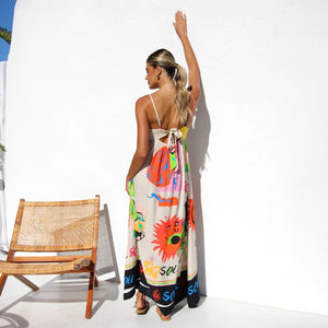 Artistic Print Maxi Dress - Spaghetti Strap Detail