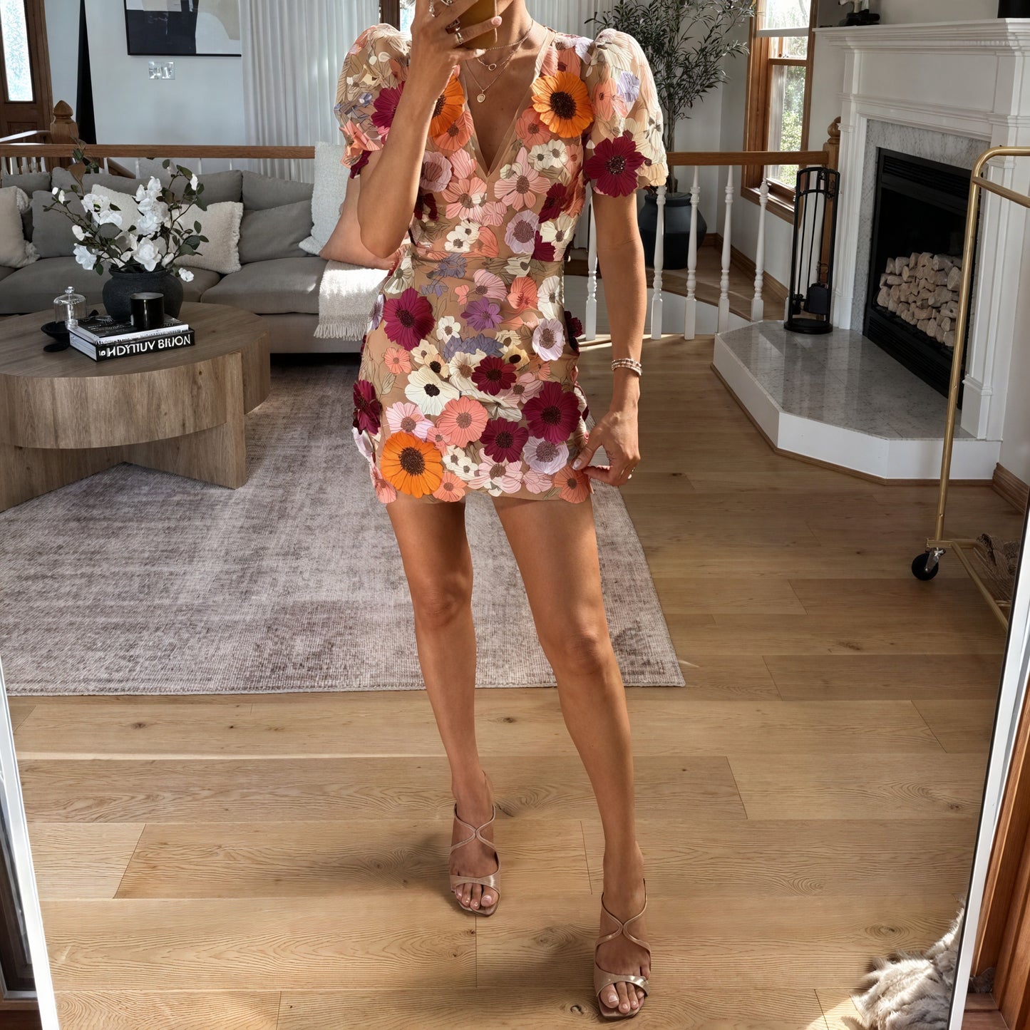 Floral Appliqué Mini Dress - Sheer Overlay