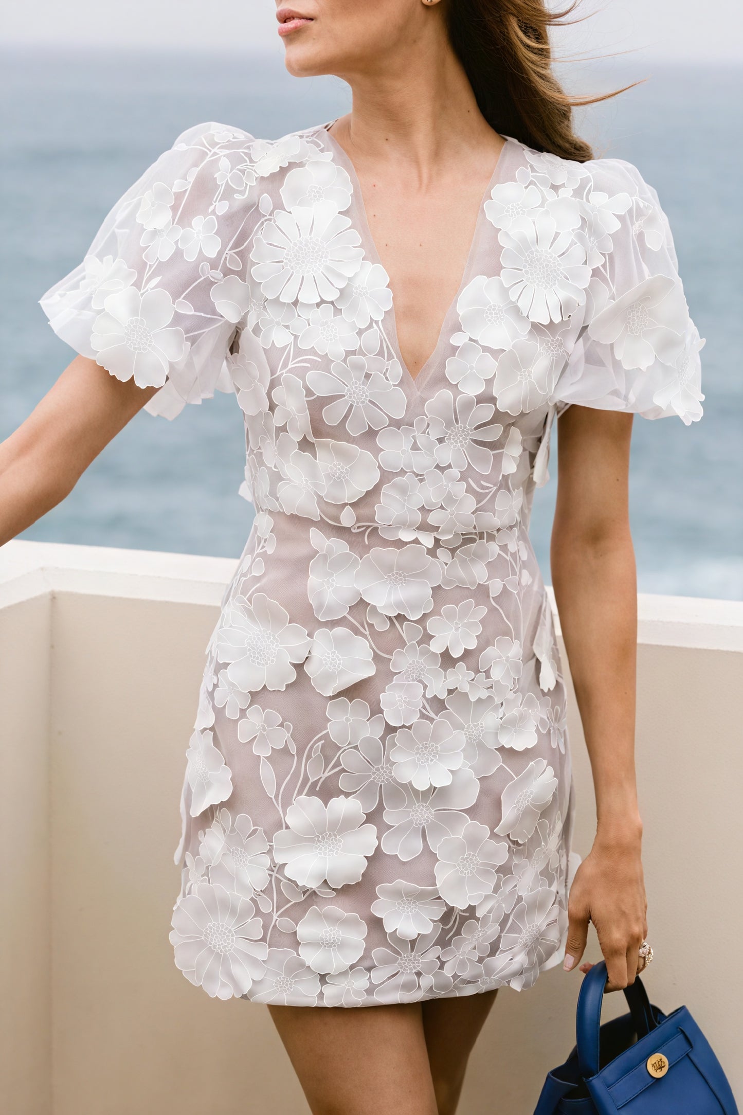 Floral Appliqué Mini Dress - Sheer Overlay