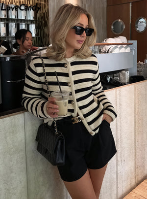 Striped Knit Jacket - Gold Button Detail