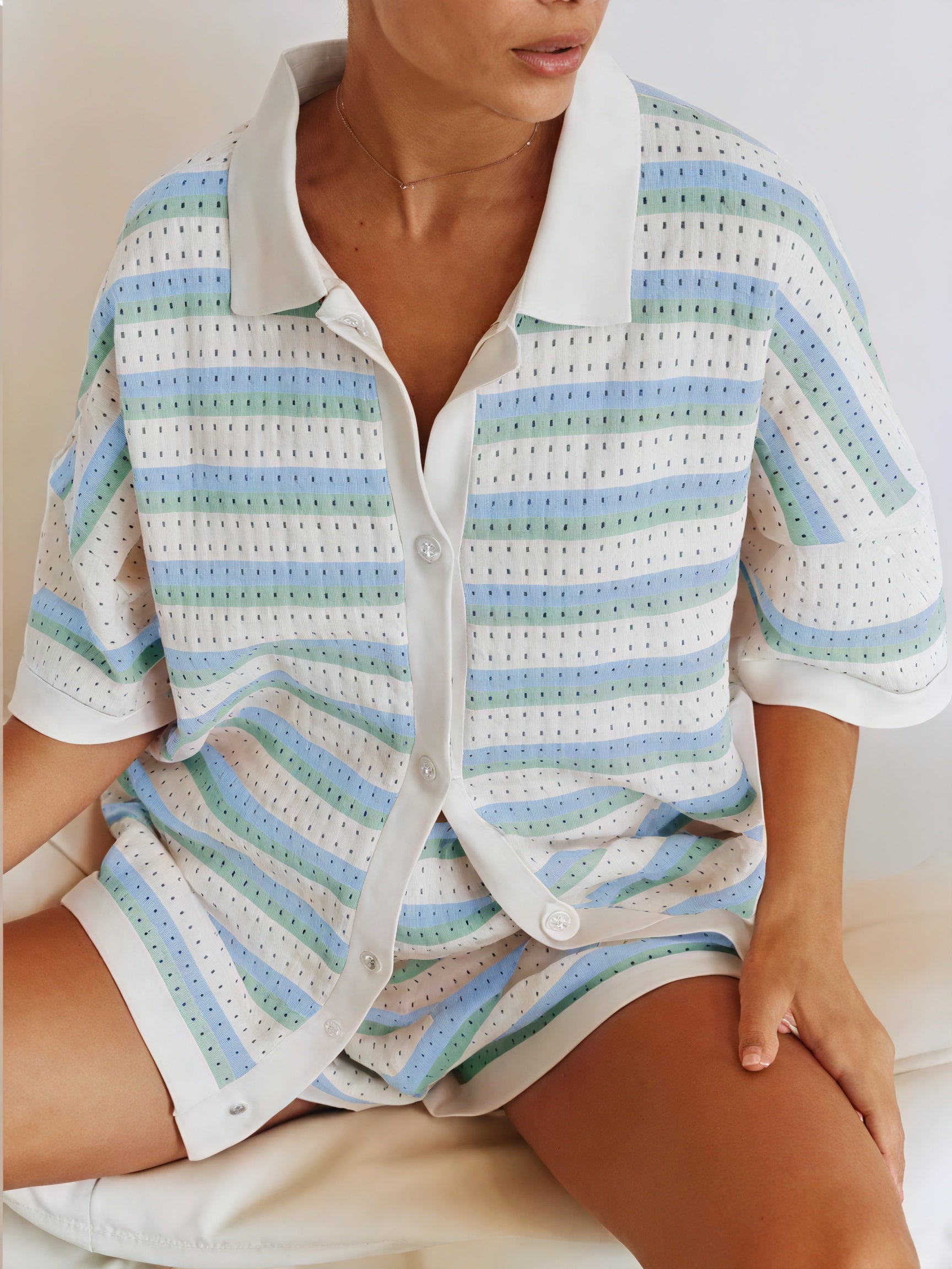 Striped Knit Set - Collared Top & Shorts