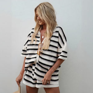 Striped Knit Set - Collared Top & Shorts