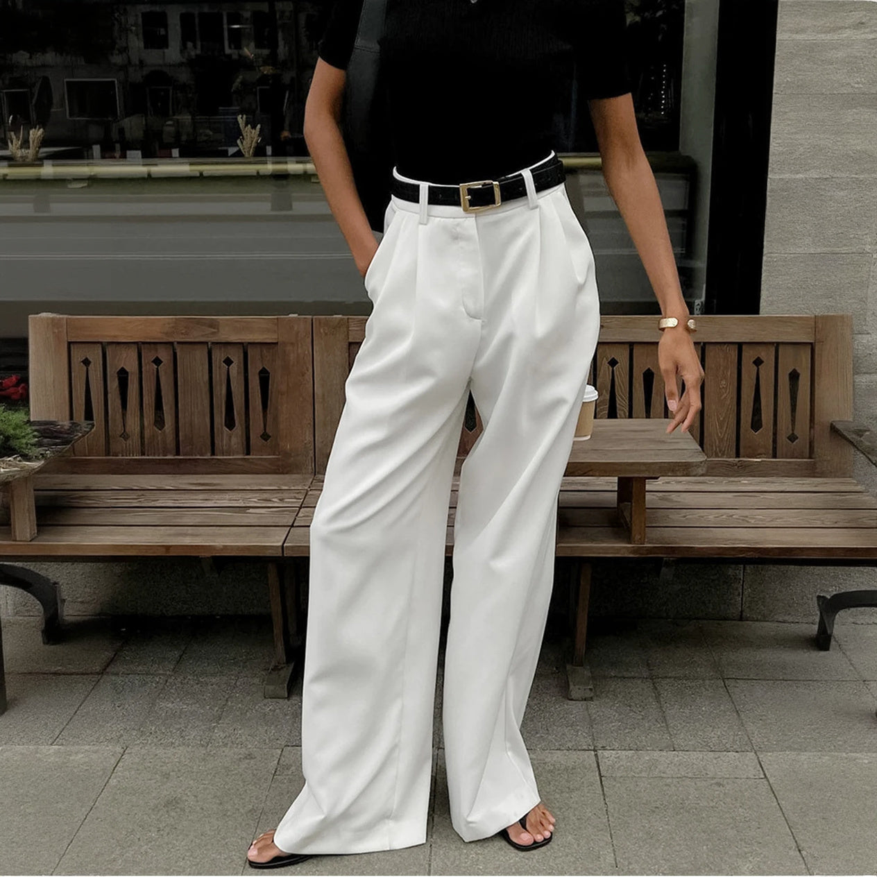High-Waisted Wide-Leg Trousers with Belt