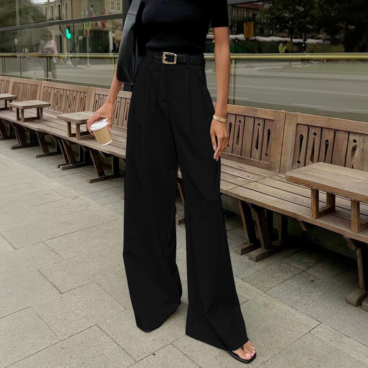 High-Waisted Wide-Leg Trousers with Belt