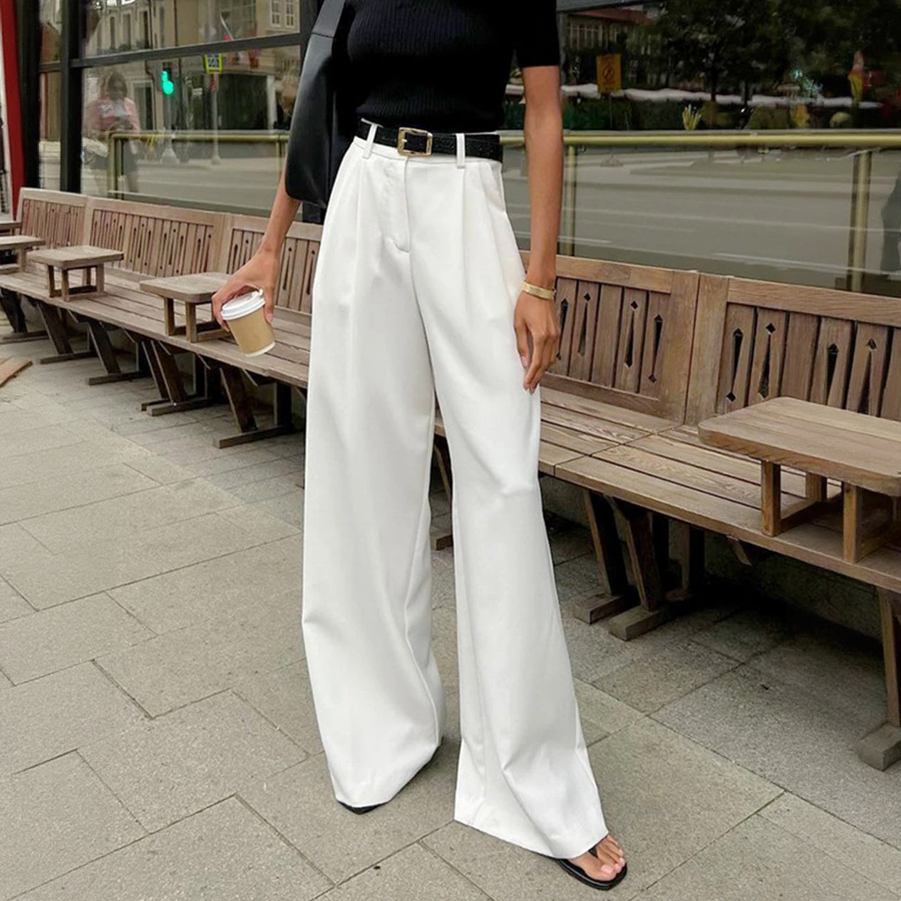 High-Waisted Wide-Leg Trousers with Belt