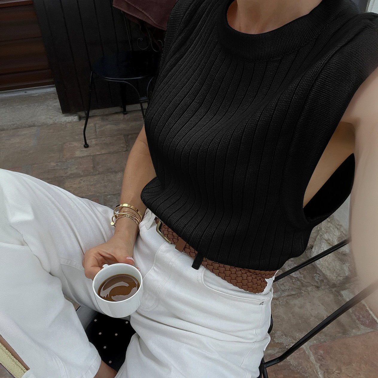 Ribbed Knit Sleeveless Top - Fitted Design