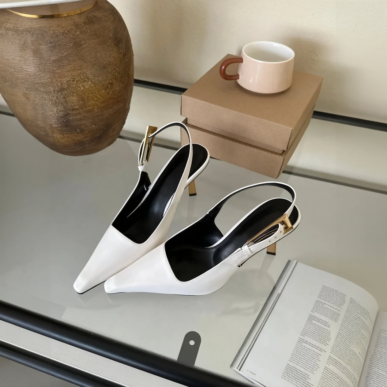 Pointed Slingback Heels - High Heel, Gold Accent