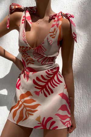 Floral Mini Dress - Tie Straps, V-Neck
