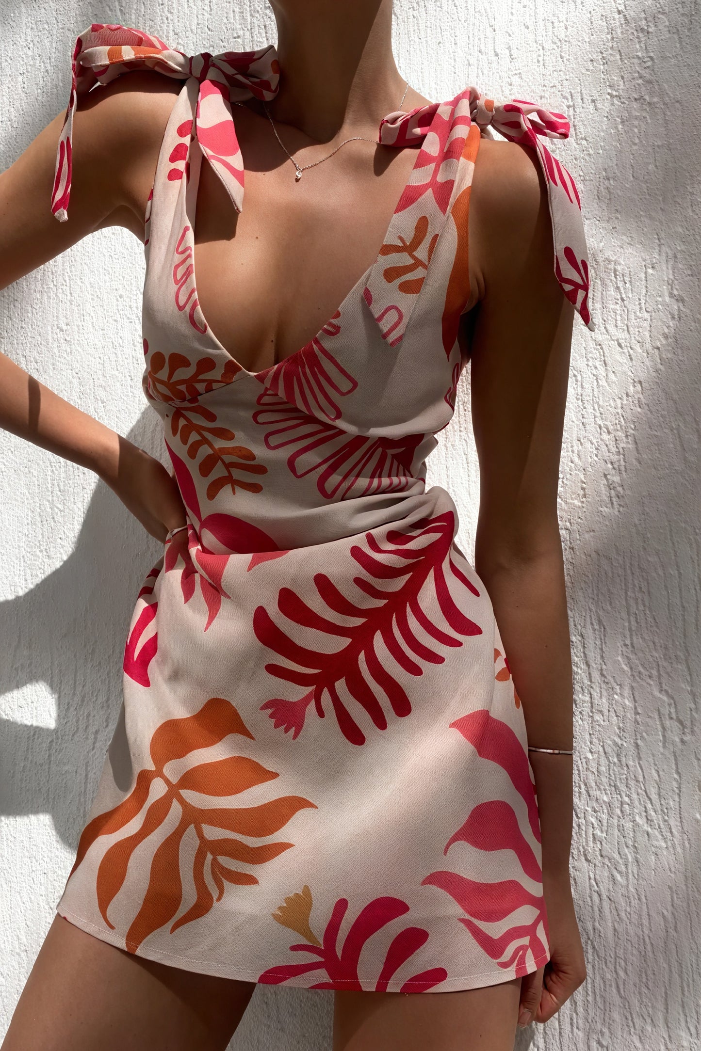 Floral Mini Dress - Tie Straps, V-Neck