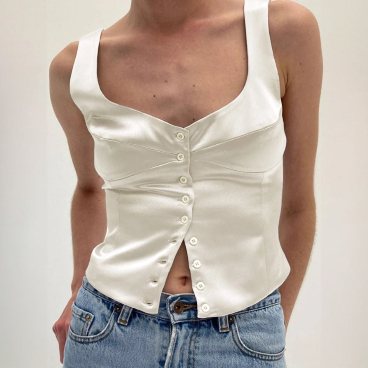 Square Neck Button-Down Fitted Top
