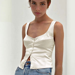 Square Neck Button-Down Fitted Top
