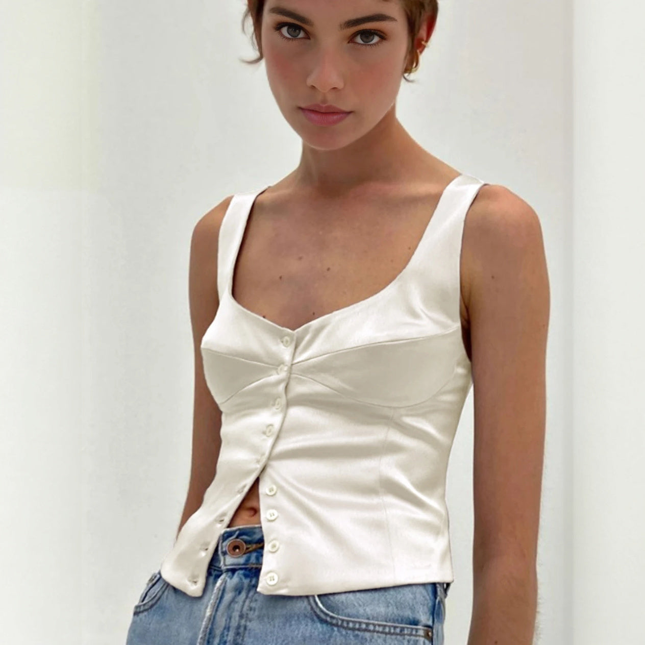 Square Neck Button-Down Fitted Top