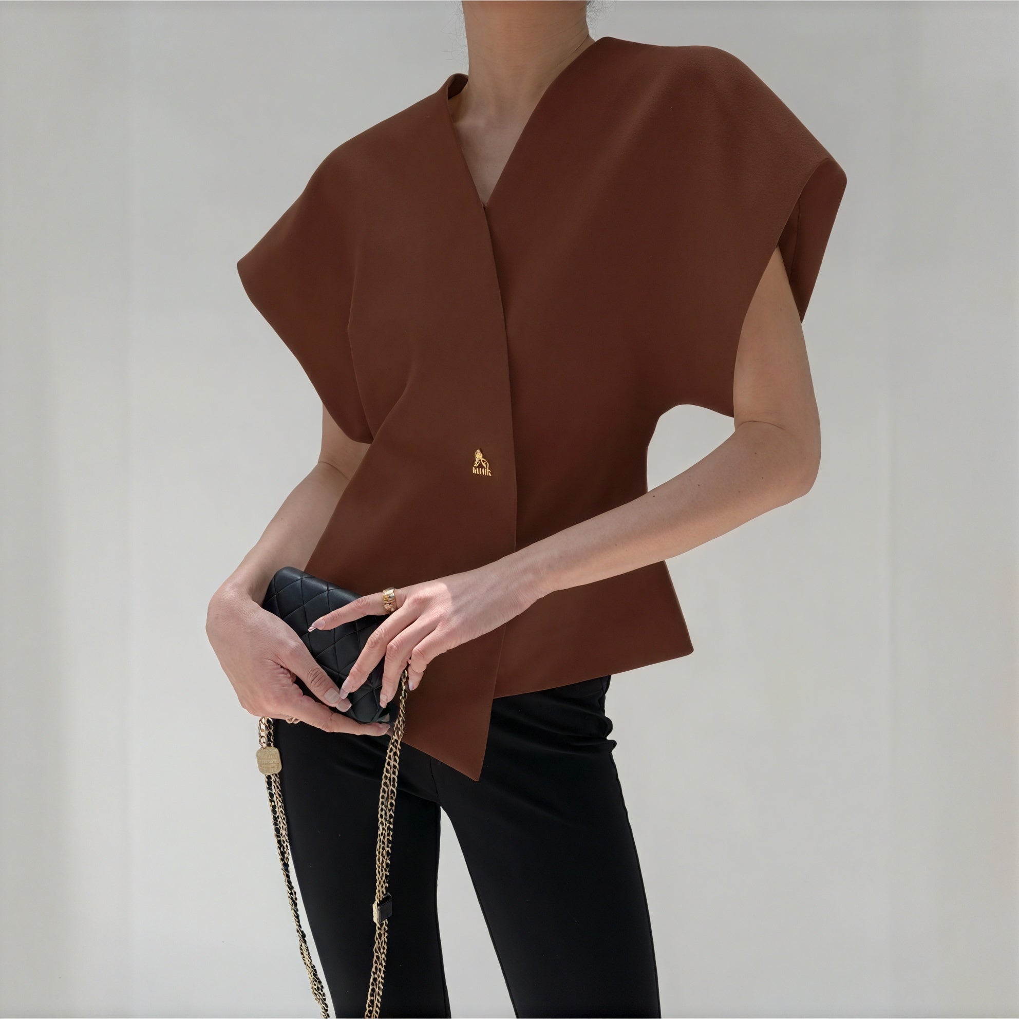 Structured Sleeve Wrap Top - Gold Detail