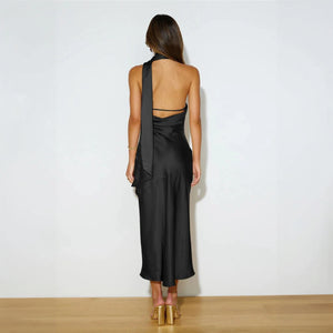 Asymmetrical Midi Dress - Halter Neck, Fitted
