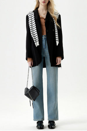 Ribbed Henley Top & High-Waisted Straight Jeans