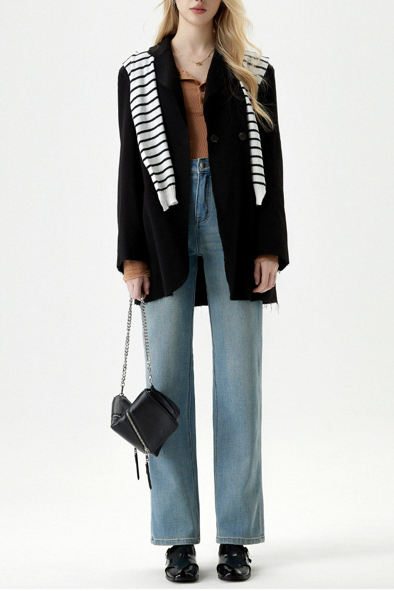 Ribbed Henley Top & High-Waisted Straight Jeans