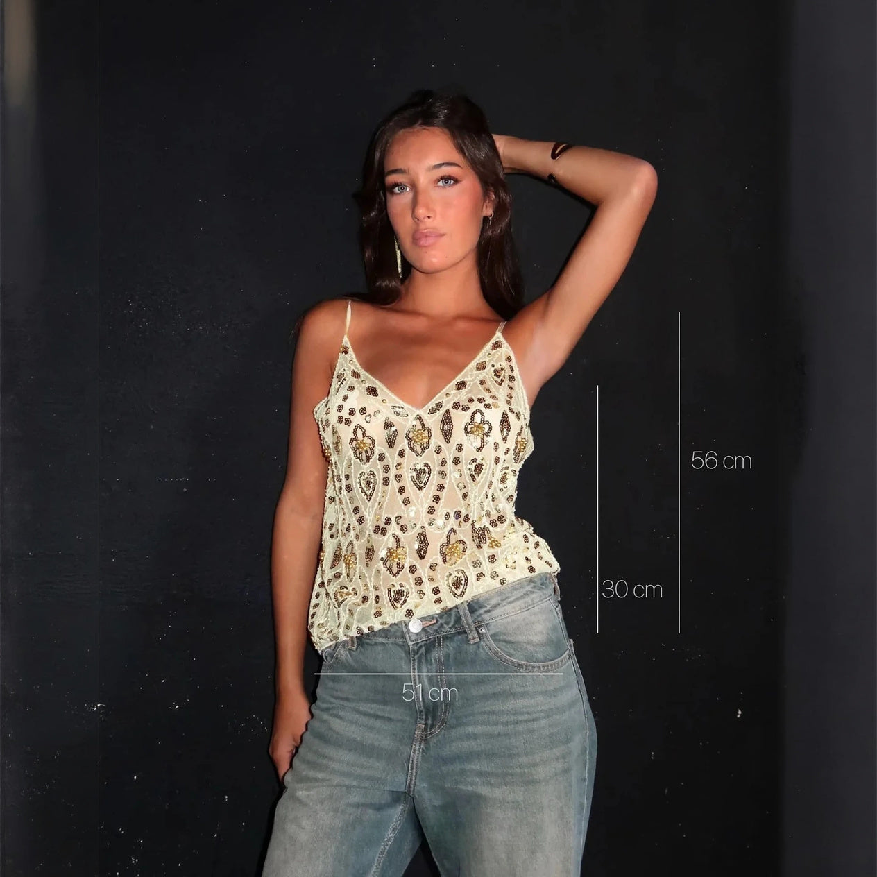Sequin Embellished Sheer Top with Straps
