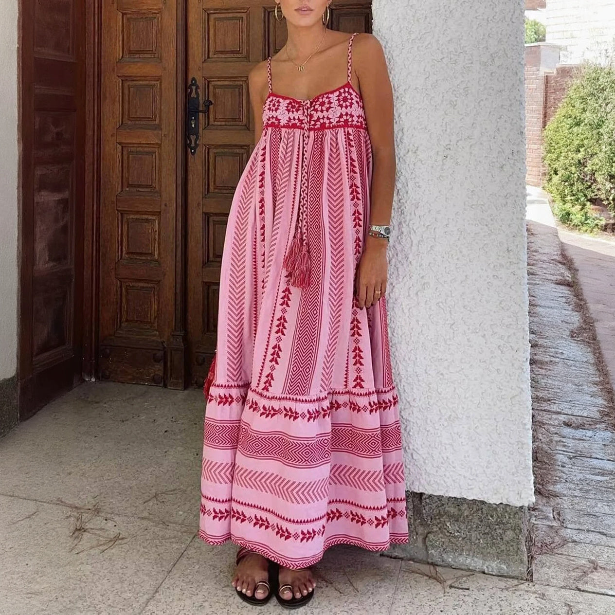 Bohemian Embroidered Maxi Dress with Tassels