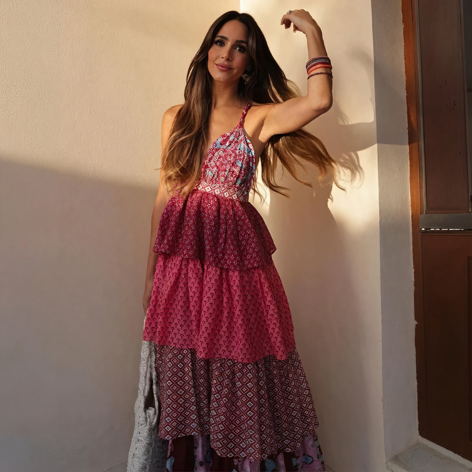 Bohemian Halter Maxi Dress - Patterned Tiered Skirt
